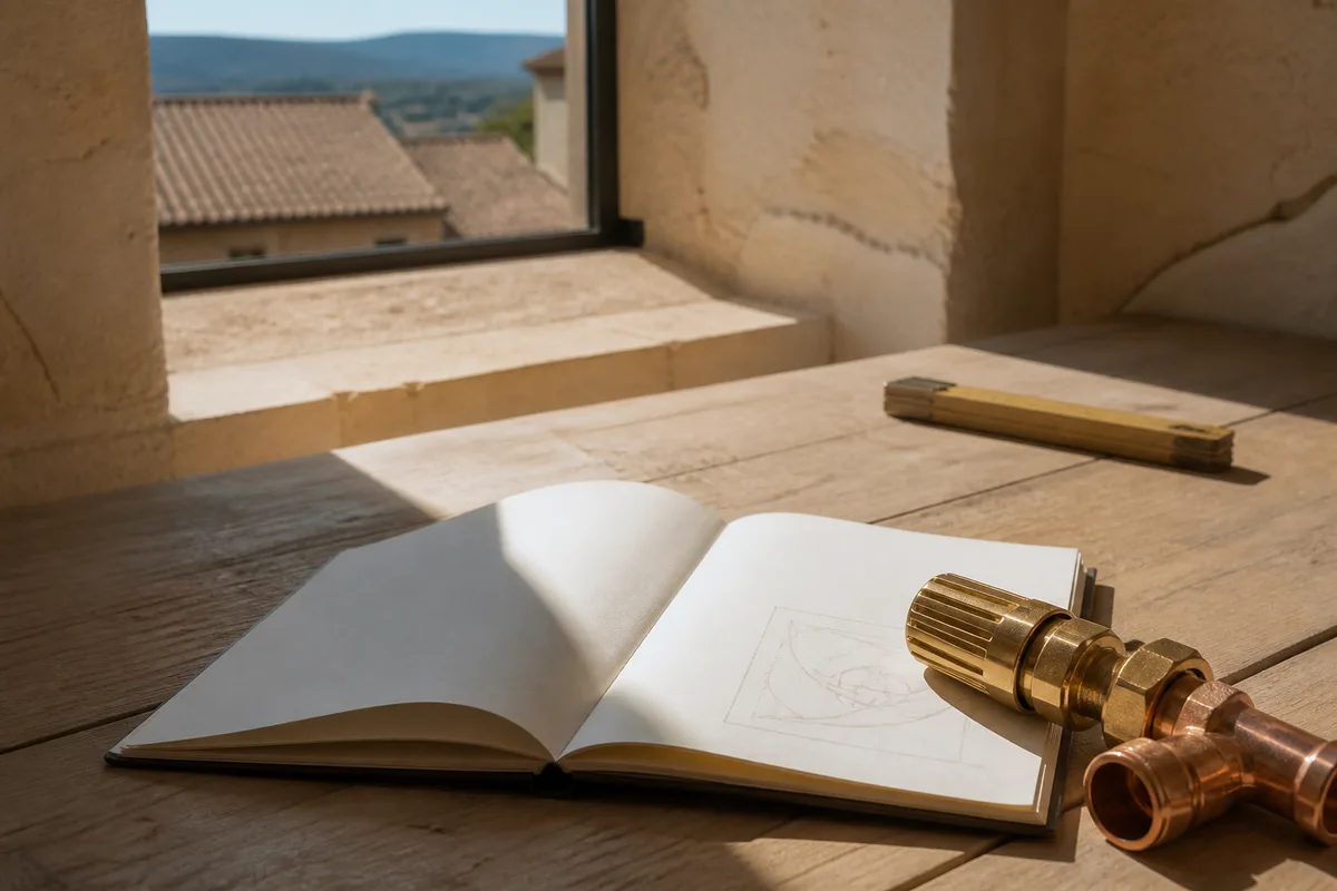 Carnet ouvert et robinet thermostatique posés sur une table de bois clair devant une fenêtre donnant sur les toits de Millau