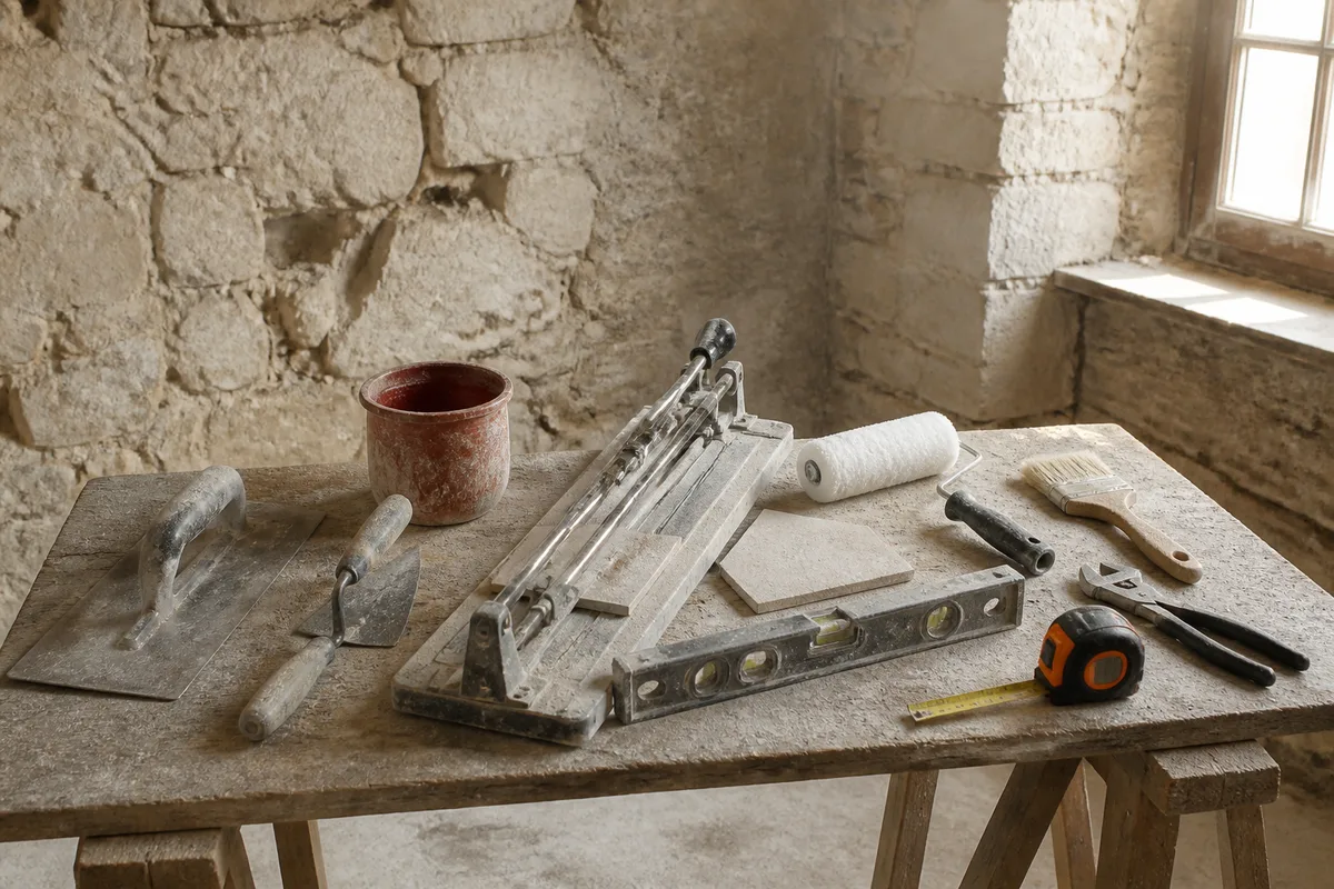 Établi de chantier avec les outils de plusieurs métiers posés côte à côte dans une pièce en travaux aux murs de pierre