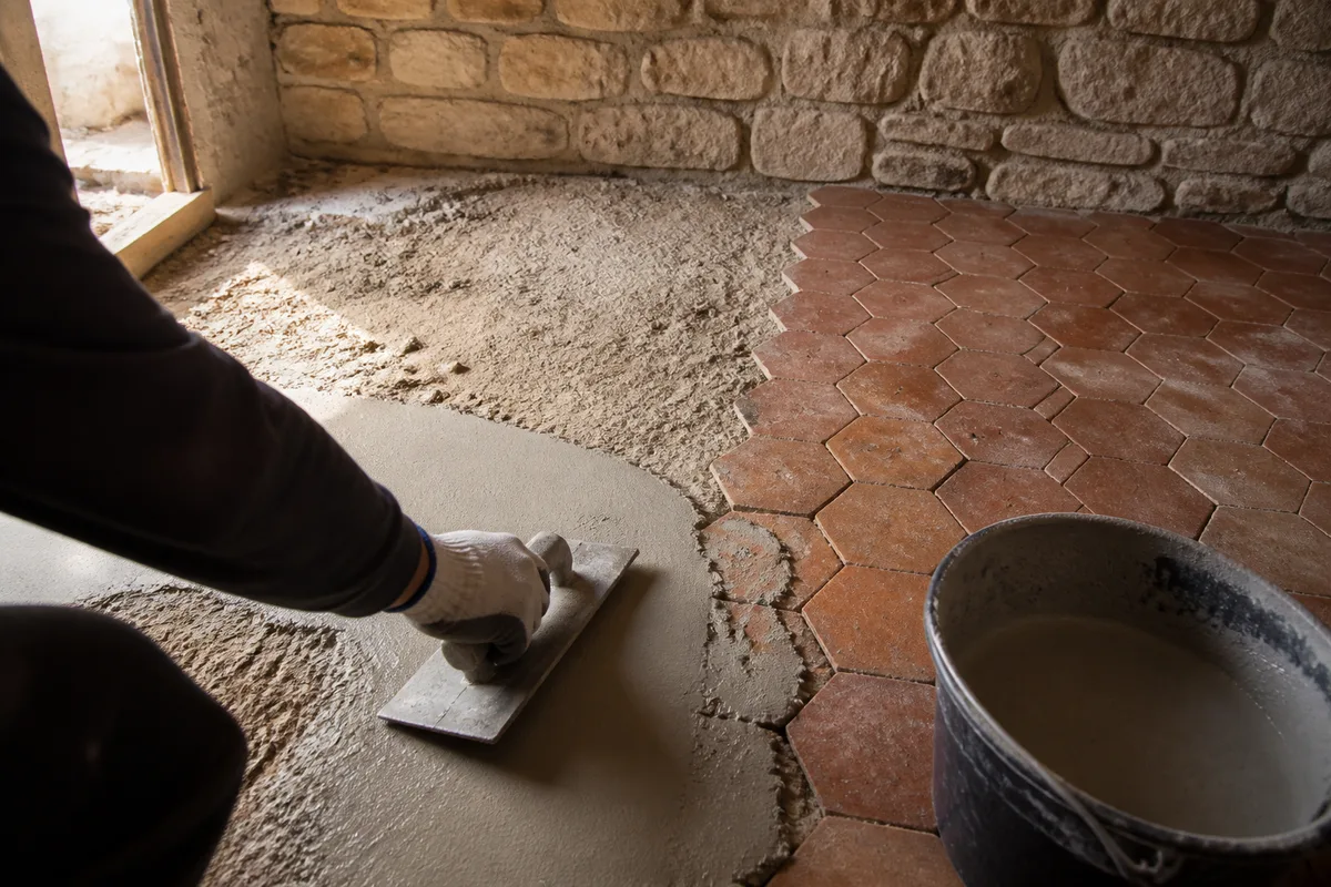Sol en tomettes anciennes partiellement déposé dans une pièce aux murs de calcaire, prêt pour un ragréage