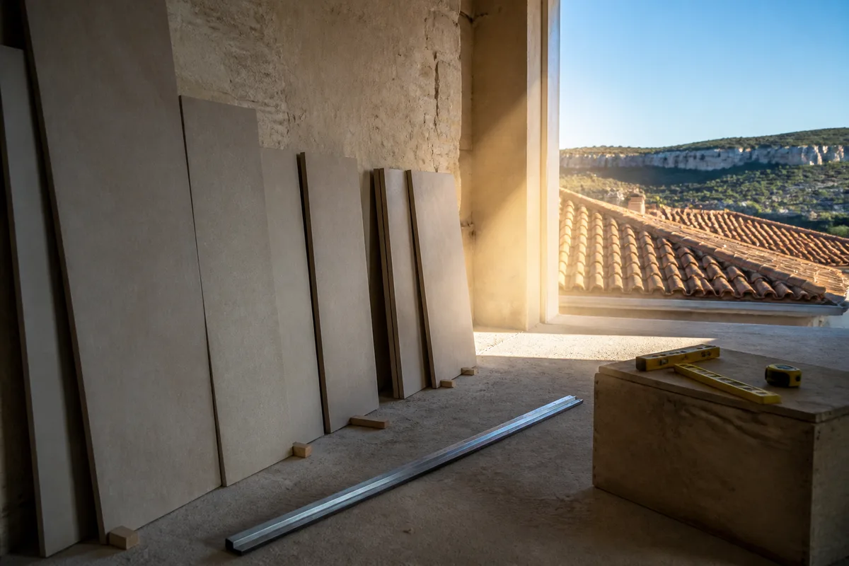 Grandes dalles de grès cérame stockées sur chant contre un mur de calcaire dans une pièce en travaux