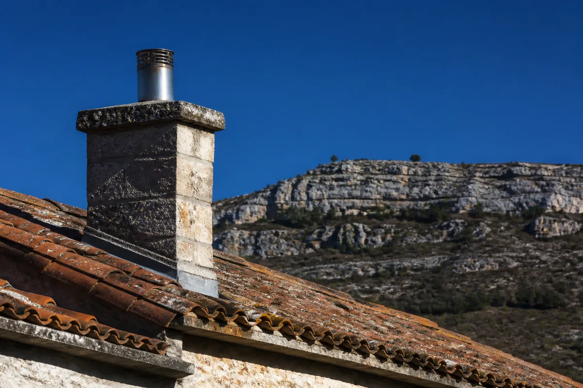 Conduit de fumée tubé traversant une toiture de tuile canal sur une maison en calcaire clair