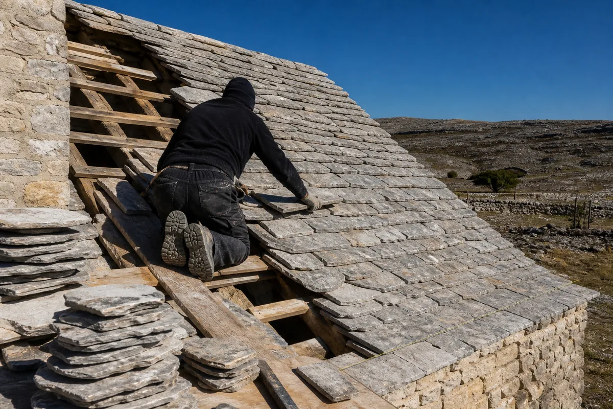 Réfection d’une couverture en lauze calcaire sur un mas du causse, pierres triées et posées à recouvrement