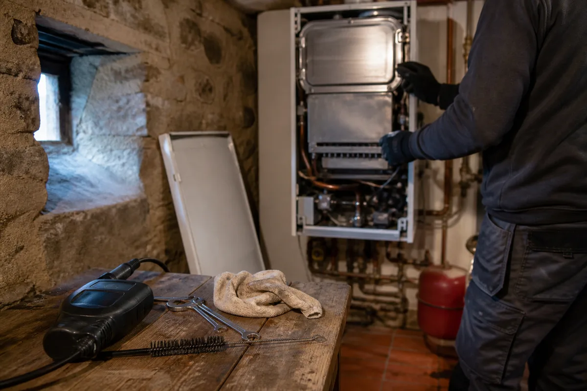 Chaufferie de maison ancienne en cours d&rsquo;entretien, capot de chaudière ouvert et outils posés sur un établi