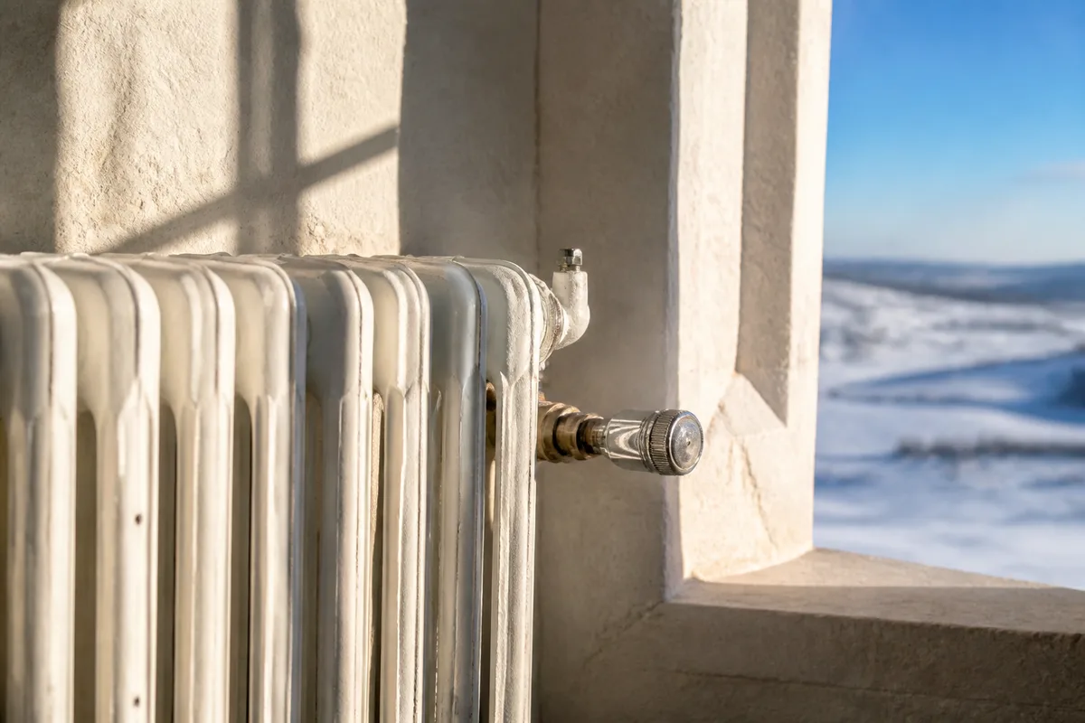 Radiateur en fonte et robinet thermostatique le long d&rsquo;un mur de calcaire clair, lumière rasante d&rsquo;hiver