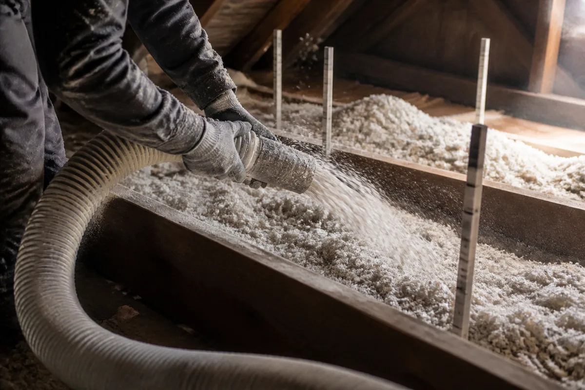 Isolant en flocons soufflé entre les solives d&rsquo;un comble perdu sous une charpente ancienne
