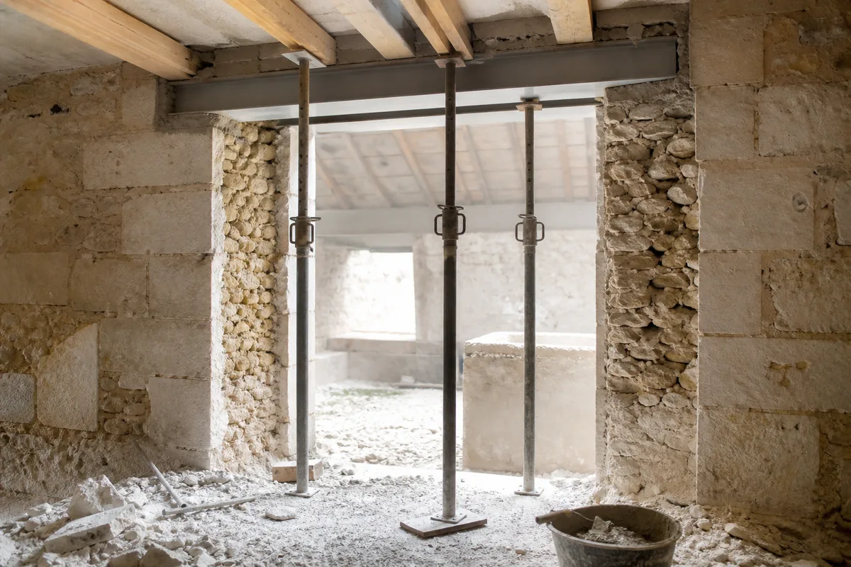 Ouverture en cours dans un mur épais de calcaire, étais métalliques en place et linteau métallique posé