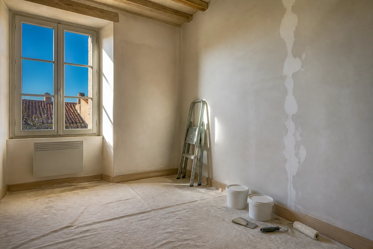 Chambre ancienne en préparation, murs ratissés, bâches au sol et outils de peintre alignés