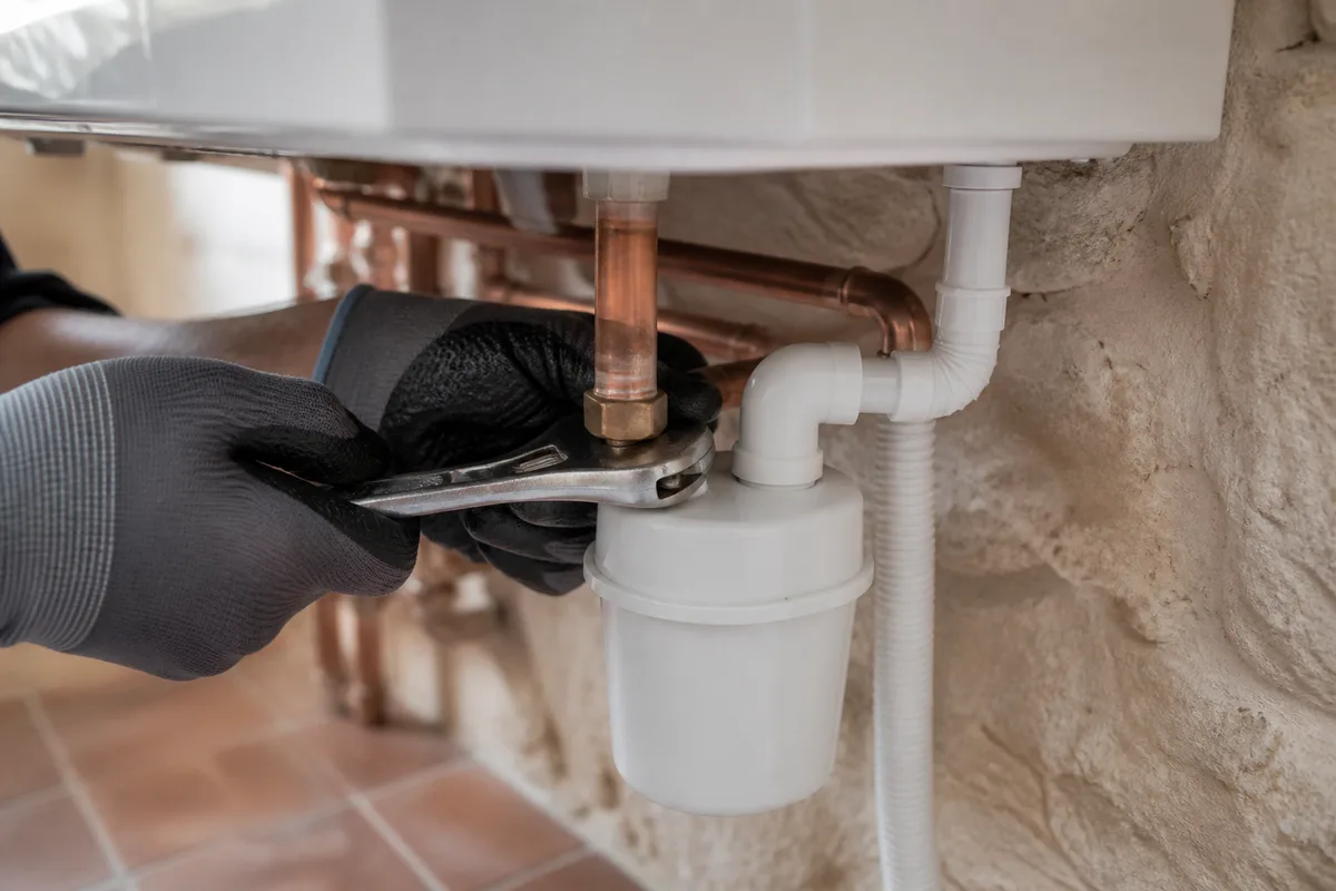 Mains gantées serrant un raccord de cuivre sous une chaudière à condensation neuve, siphon de condensats au premier plan